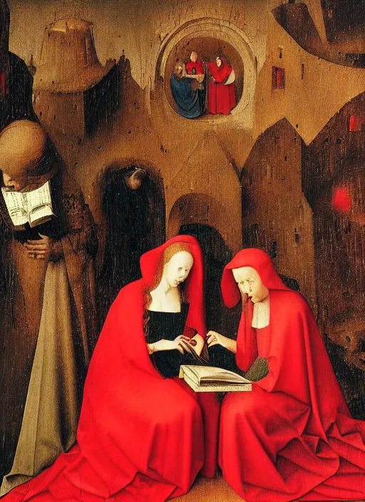 Image similar to fallen angels dressed in red reading the bible and arguing in Tuscany by Jan van Eyck, Hieronymus Bosch, 4k post-processing, highly detailed medieval painting