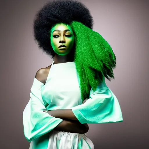 Image similar to a realistic model photoshoot of a black girl with green afro hair, beautiful, model, professional picture, realistic, 4 k, bright light, portrait