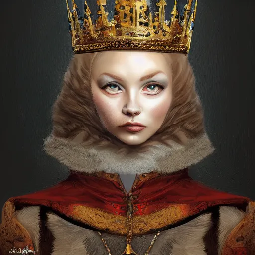 Prompt: an oil painting portrait of a cat wearing medieval royal robe and an ornate crown on a dark background, digital Art, concept Art, highly detailed, 3-D 4K, trending on art station, Award winning, Mark Brooks