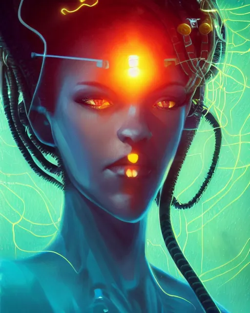 Image similar to muted, minimal, african plains, a cyberpunk close up portrait of cyborg medusa, electricity, snakes in hair, sparks, bokeh, soft focus, skin tones, warm, sky blue, daylight, by paul lehr, jesper ejsing