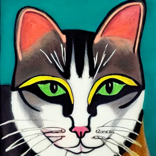 Image similar to a cat, painted in the style of frida kahlo