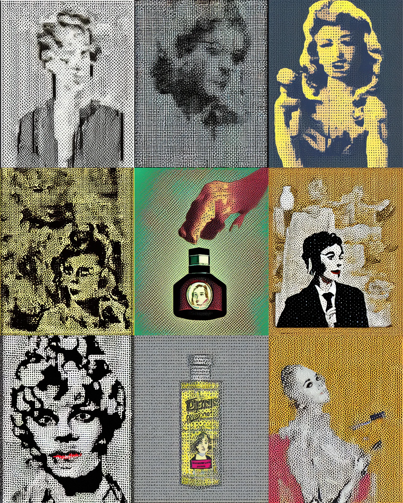 Prompt: medium shot, 2 0 th century perfume bottle ads, illustration on top of a dithered photo, in the style of ben - day halftone dots by benjamin henry day, roy lichtenstein, detailed, 8 k