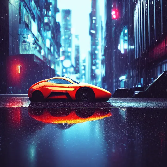 Prompt: sportscar parked on sidewalk, cyberpunk city, reflections, puddle, rain, volumetric light, hyperdetailed, hyperrealism, photorealistic rendering, golden ratio, digital art, octane, redshift