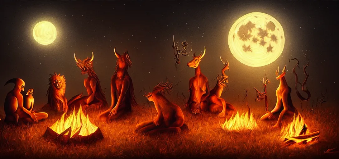 Image similar to strange mythical beasts of sitting around a fire under a full moon, surreal dark uncanny painting by ronny khalil