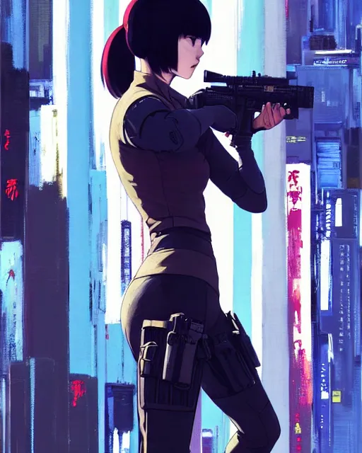 Image similar to girl wearing in tactical gear | | audrey plaza, fine detail!! anime!! realistic shaded lighting!! dramatic!! poster by ilya kuvshinov katsuhiro otomo ghost - in - the - shell, magali villeneuve, artgerm, jeremy lipkin and michael garmash and rob rey