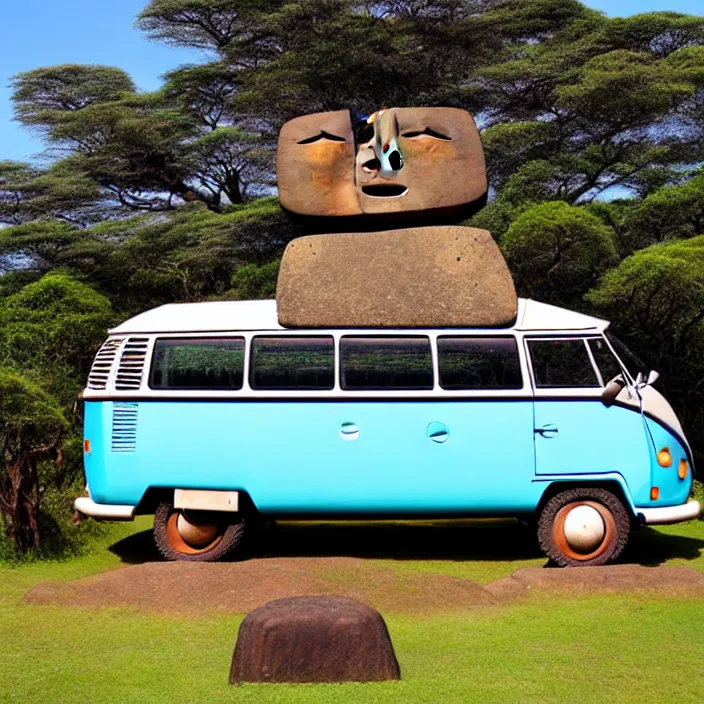 Image similar to ancient vw bus made of stone, moai from rapa nui style