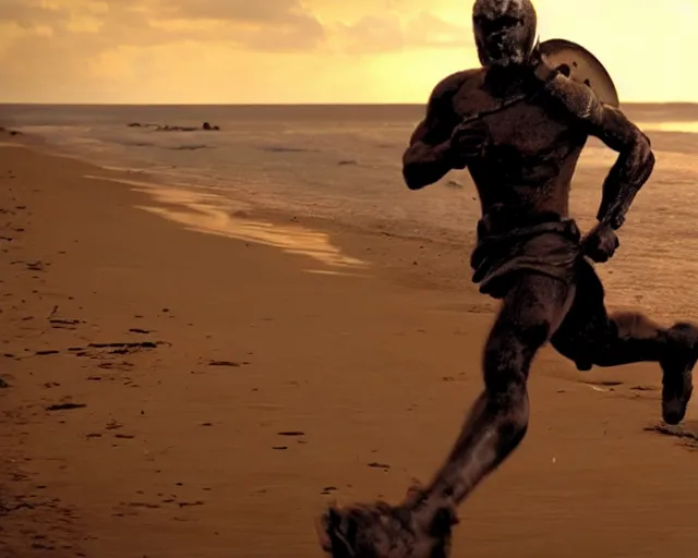 Image similar to single spartan running on australian beach, epic award winning action cinematic still from the movie 3 0 0