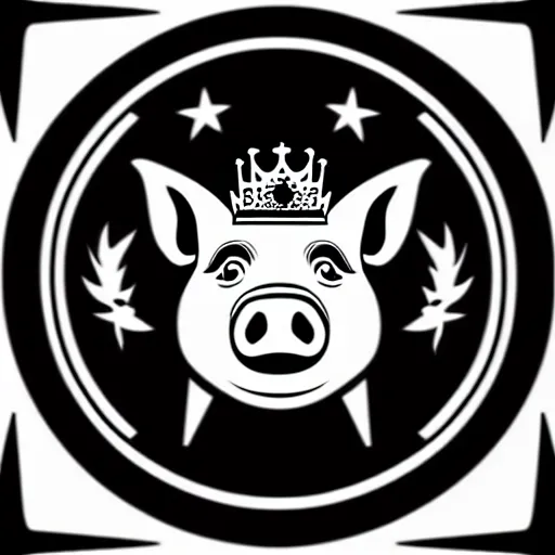 Prompt: good pig king logo Illustrated by Shepard Fairey, H.R. Geiger, black and white, high contrast, high detailed sharp outlines, hyper realistic, vector art