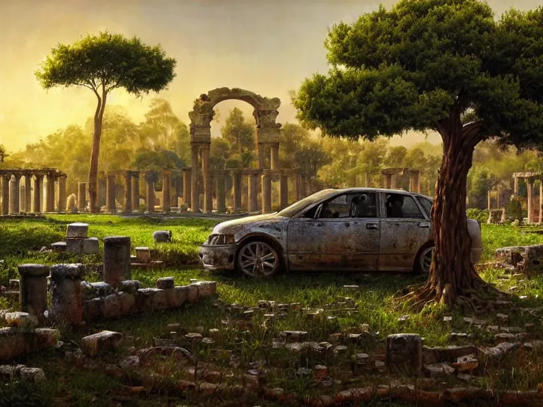 Image similar to a tree growing on a scrap car in ancient greek ruins, many overgrown scrap cars, overgrown pillars and arches, vines, flowers, hyperrealistic, highly detailed, cinematic, ray of golden sunlight, beautiful, cgsociety, artstation, 8 k, oil painting by greg rutkowski, by artgerm, by wlop