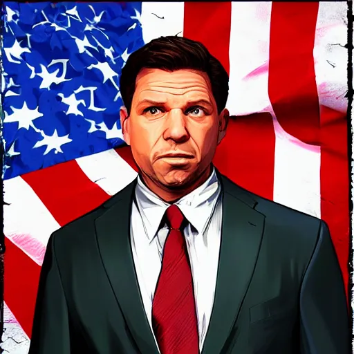 Image similar to Ron DeSantis portrait, GTA 5 Cover art, no text