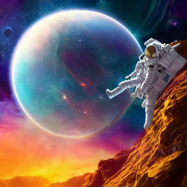 Image similar to - an astronaut standing on the edge of the universe trying to make sense of the world with psychedelic backgrounds, 4 k, trending on artstation, renaissance