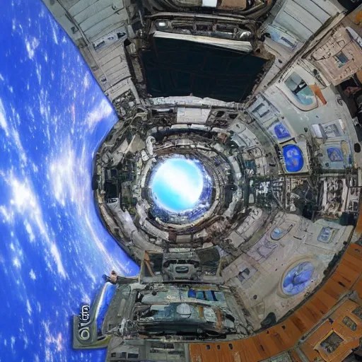 Image similar to on the inside of a gigantic o'neill cylinder, space station with city inside, forest, wide angle, panoramic,