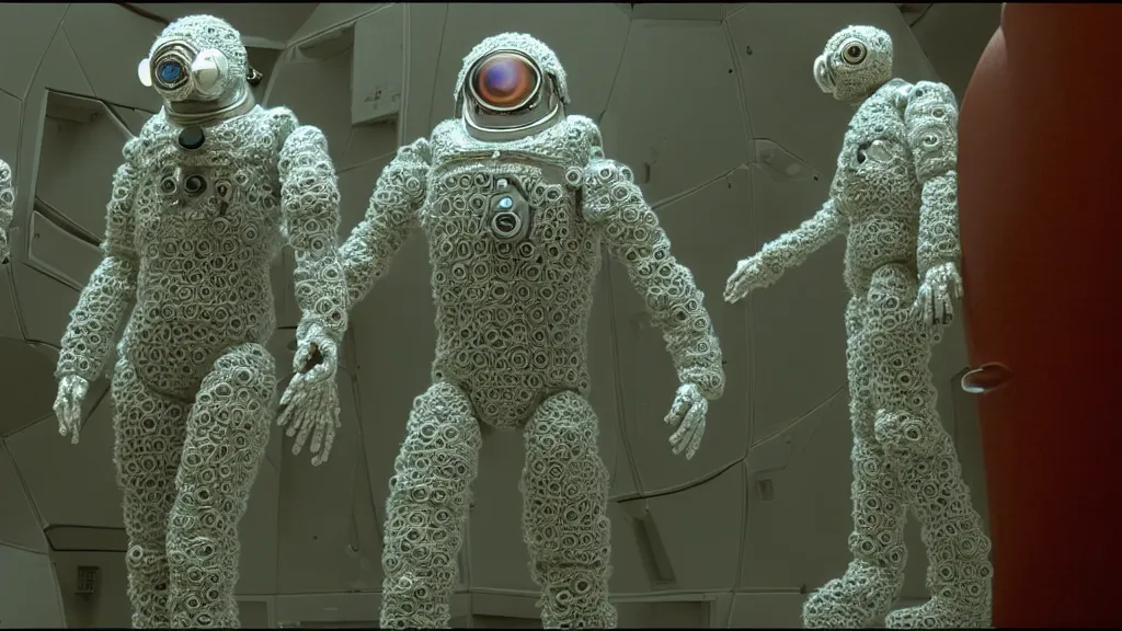 Image similar to a cybernetic symbiosis of a single astronaut mech-organic eva suit made of pearlescent wearing knitted shiny ceramic multi colored yarn thread infected with diamond 3d fractal lace iridescent bubble 3d skin dotted covered with orb stalks of insectoid compound eye camera lenses floats through the living room, film still from the movie directed by Denis Villeneuve with art direction by Salvador Dalí, wide lens,kevlar,carbon fiber,ceramics,gaseous materials,