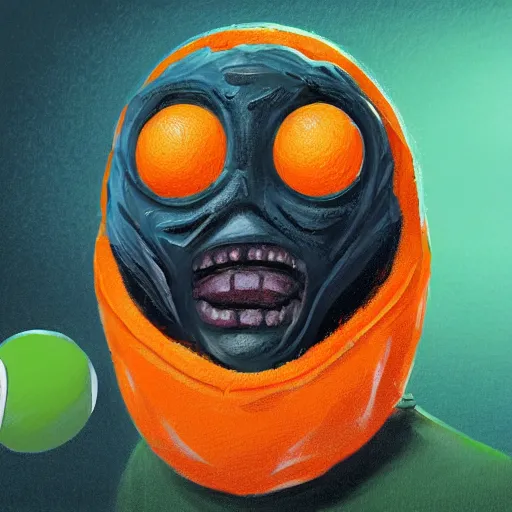 Image similar to a tennis ball monster on a tennis court, orange balaclava, digital art, fantasy, magic, trending on artstation, ultra detailed, professional illustration by Basil Gogos