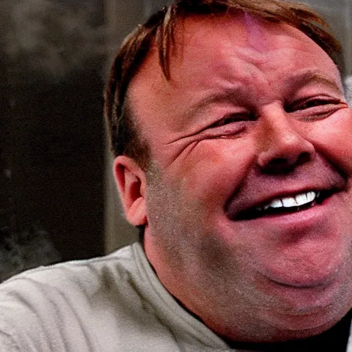 Image similar to CRT surveillence footage of a 50-year-old Alex Jones swimming inside of a filthy giant sized toilet filled with raw sewage, alex jones is gargling the sewage and smiling with an evil grin