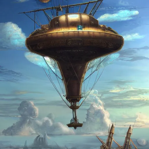 Image similar to steampunk airship flying through clear blue skies, epic fantasy art style HD