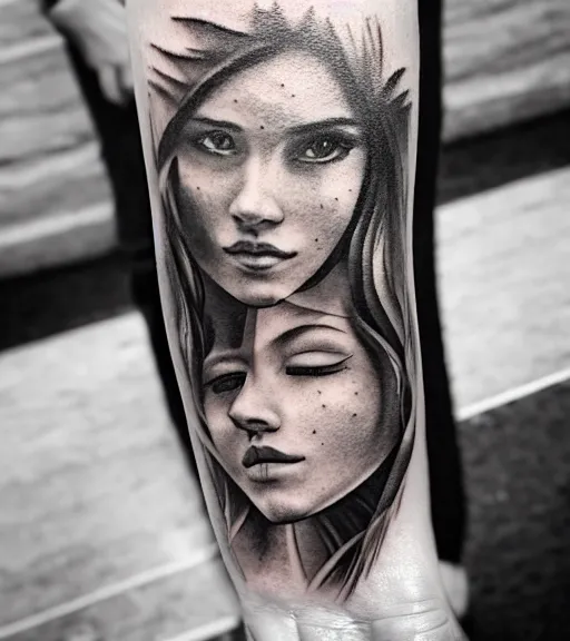 Image similar to a beautiful girl faded in a mountain background, realism tattoo, in the style of den yakovlev, black and white, hyper realistic, highly detailed