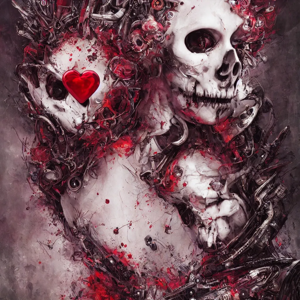 Image similar to queen of hearts, cyborg, skull, highly detailed, cinematic, 8 k, by megan duncanson, benjamin lacombe, adrian borda, stanley artgermm, tom bagshaw, craig mullins, carne griffiths, ayami kojima, beksinski, giger, trending on deviantart, hyper detailed, horror, full of colour