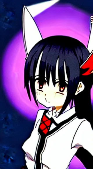 Image similar to Anime Screenshot of a “red-eyed black-haired anime fox girl” wearing black fingerless-gloves, high-waist-black-skirt, white-collared-shirt blue-open-jacket, black-necktie, unsheathing her katana, white background, visual-key, anime illustration, pixiv, anime-twitter