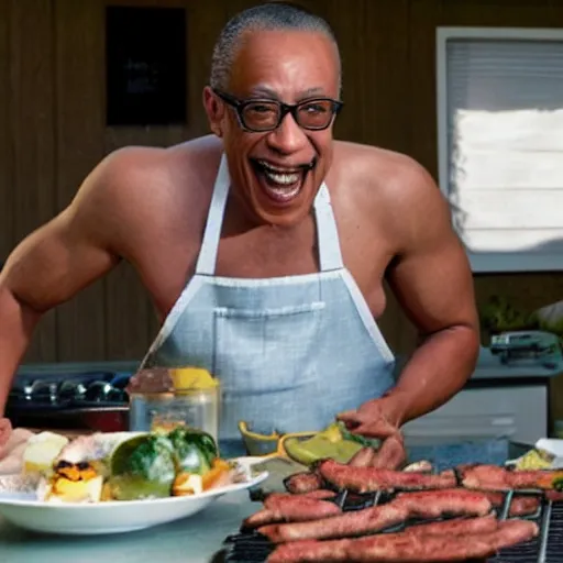 Image similar to gus fring cooking at a family barbecue with no shirt on, laughing out loud