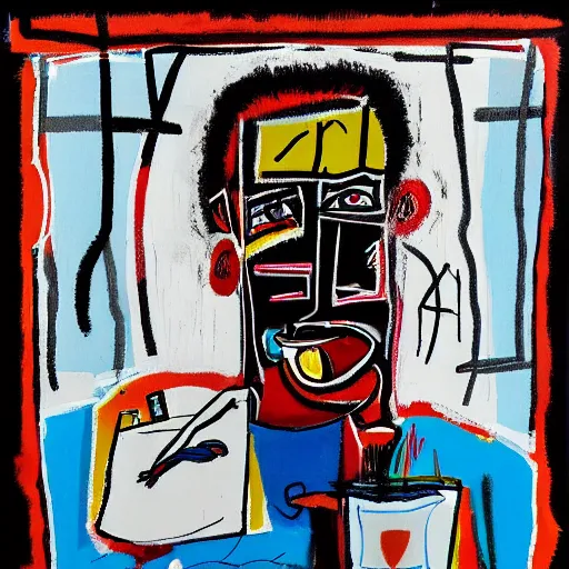 Prompt: Lazy Morning. Sunlight entering through the window lighting the face of a young worried man drinking a hot cup of coffee. A new day has dawned bringing with it new hopes and aspirations. Painted in the style of Basquiat, 1981