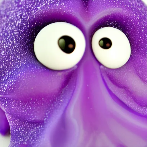 Prompt: cute purple squid made of soft candy, close up shot, purple color, jelly like texture