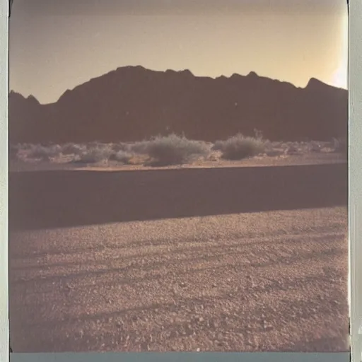 Image similar to a slot machine in the distance in the middle of a desert at night, very dark, dark lighting, old polaroid, damaged film, expired film, slightly blurry, liminal space, surreal,