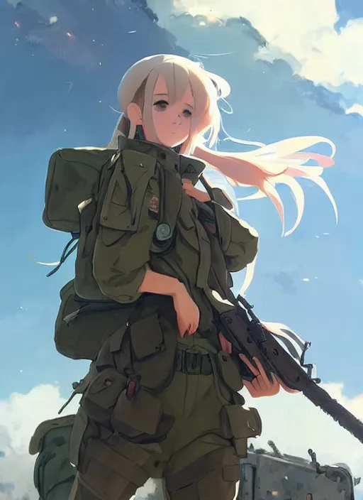 Image similar to portrait of cute soldier girl, cloudy sky background lush landscape illustration concept art anime key visual trending pixiv fanbox by wlop and greg rutkowski and makoto shinkai and studio ghibli and kyoto animation soldier clothing military gear realistic anatomy mechanized modern warfare arknights