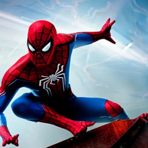 Image similar to promotional image of Spider Man as Iron Man in Iron Man（2008）, he wears Iron Man armor without his face, movie still frame, promotional image, imax 70 mm footage