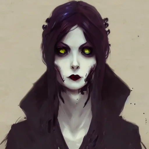 Image similar to female goth human vampire witch in the style of greg rutkowski, makoto shinkai, trending on artstation, character design, concept art, pretty face, highly detailed, digital art