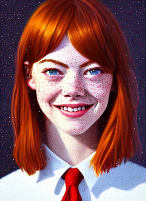 Image similar to portrait of teenage emma stone, freckles, middle part haircut, ginger hair, white shirt and red tie, smiling kindly, friendly, 1 9 7 0 s, intricate, elegant, glowing lights, highly detailed, digital painting, artstation, concept art, smooth, sharp focus, illustration, art by wlop, mars ravelo and greg rutkowski