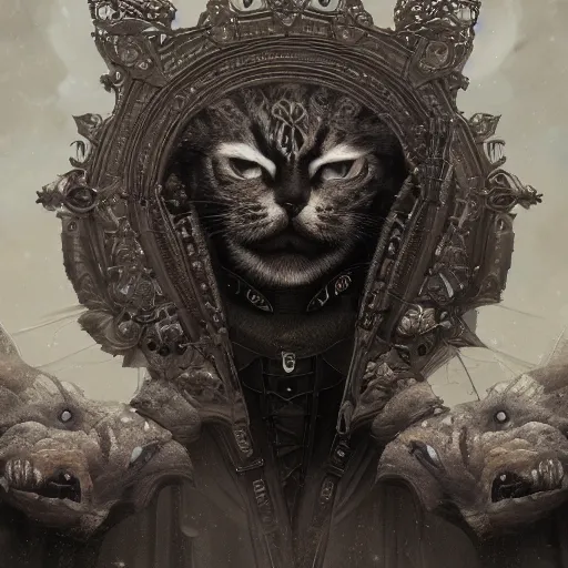 Image similar to actionism, soft painting curiosities carnival, beautiful cat in full gothic armor, symmetry accurate features, focus, very intricate ultrafine details, black white purple volumetric clouds, award winning masterpiece, octane render 8 k hd, tom bagshaw artstyle