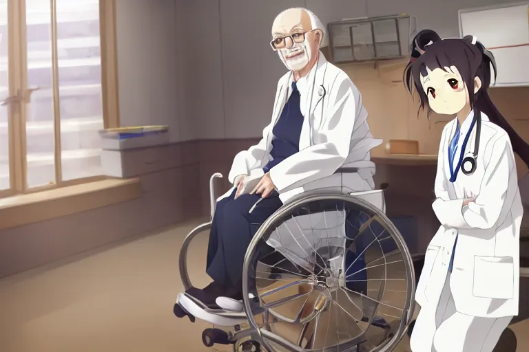 Image similar to a cute young female doctor wearing white coat, an old man of 80 years in a wheelchair, hospital ward, slice of life anime, cinematic, realistic, anime scenery by Makoto shinkai