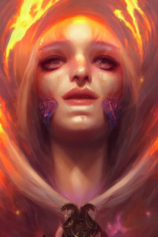Prompt: face closeup beautiful girl necromancer in organic flaming velvet, wizard of the coast casting magic spell, angel, magic storm and thunder clouds, fantasy, magic the gathering, hyper detailed, 3 d render, hyper realistic detailed portrait, peter mohrbacher