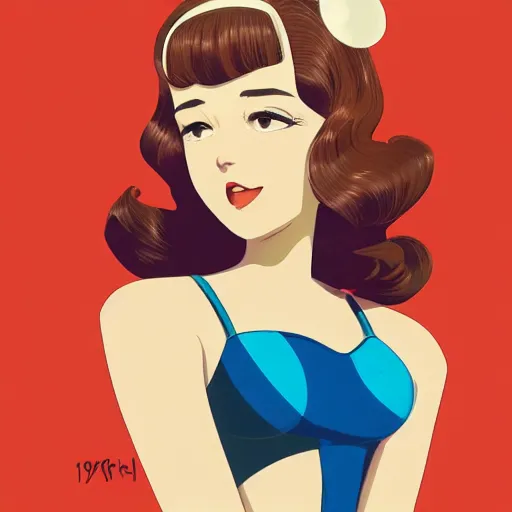 Image similar to portrait of a beautiful girl with dark 1950's style hair dressed in 1950's swimsuit, sunny beach, rich vivid colors, ambient lighting, dynamic lighting, 4k, HQ, official media, anime key visual, makoto shinkai, ilya kuvshinov, lois van baarle, rossdraws, detailed, trending on artstation