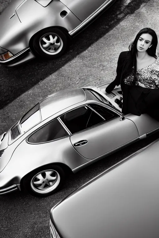 Prompt: Photo of a beautiful model leaning on a silver Porsche 911 Carrera 3.2, daylight, dramatic lighting, award winning, highly detailed, fine art photography
