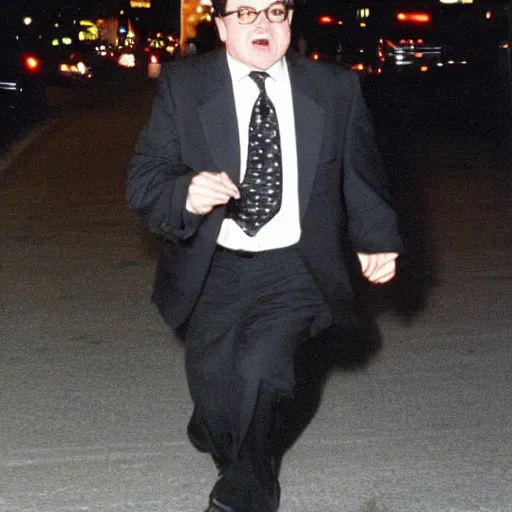 Prompt: 1 9 9 7 nathan lane wearing a black suit and necktie running down the streets of chicago at night.