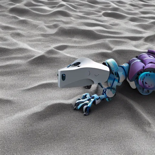 Image similar to a robot dinosaur is sleeping on the beach, photorealistic