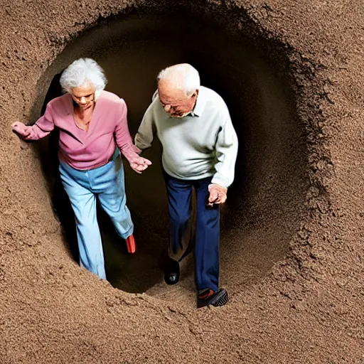 Prompt: aarp magazine photo, an elderly couple falling through a bottomless hole