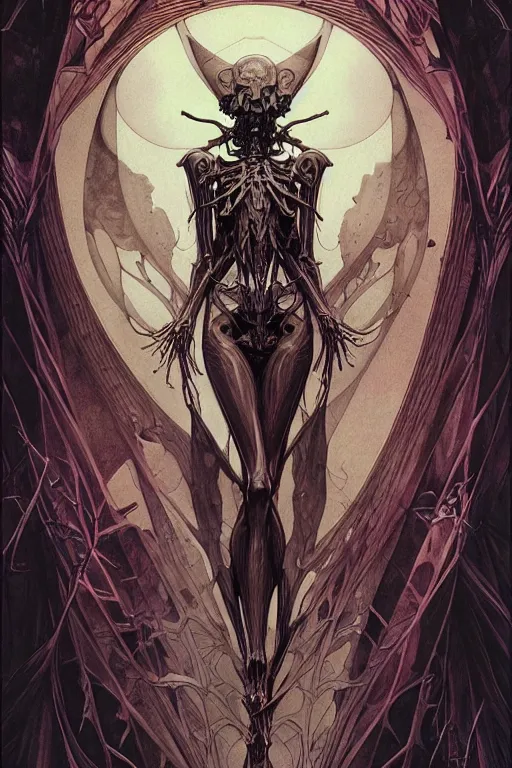 Prompt: artgerm, joshua middleton, mucha, beksinski, moebius, heavy metal comic cover art, psychedelic triangular skeletal calcification fungus lich, full body, hollow eyes, symmetrical face, long black crown, in a dungeon background, moody dark colors