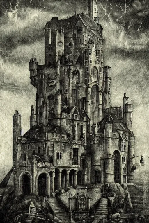 Image similar to lovecraftian, style of Bosch, castle, storm, architecture