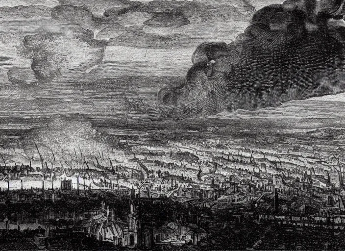 Prompt: detail from Hollar’s Panoramic view of the Great Fire of London, 1647