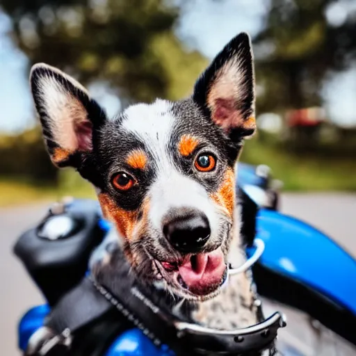 Image similar to blue heeler dog on a motorcycle, 8 k photography, blurred background of a wafflehouse