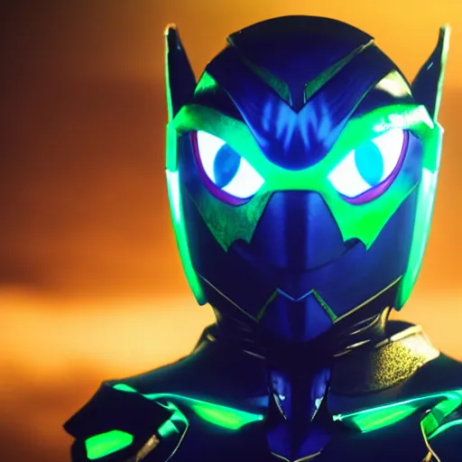 Image similar to High Fantasy Kamen Rider, glowing eyes, 4k, daytime, rubber suit, segmented armor, dark blue armor with green secondary color, tokusatsu