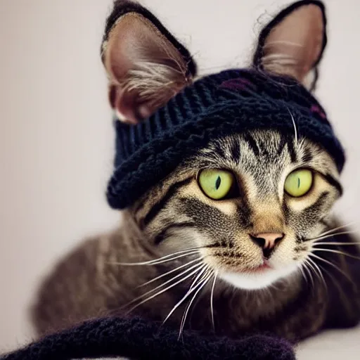 Prompt: cute cat photo, tongue, wearing wool hat, cat ears