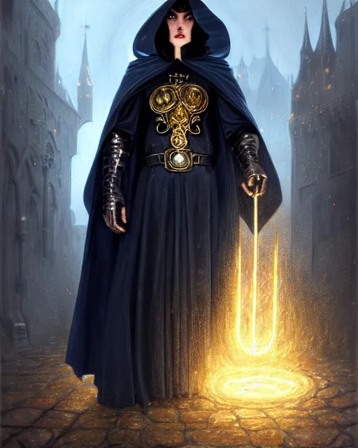 Prompt: handsome mage fighting a golem, long black hair blue eyes wearing leather mantle gothic navy cloak with gold details, castle town, fantasy character portrait, ultra realistic, intricate, elegant, cinematic lighting, highly detailed, digital painting, artstation, smooth, sharp, focus, illustration, art by artgerm and greg rutkowski and alphonse mucha