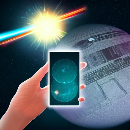 Image similar to A smartphone in place of the deathstar shooting a lazer at a far off planet, space in background, spectral ambiance, Cinecolor, Starburst, Nightlight effect, Storybook Illustration