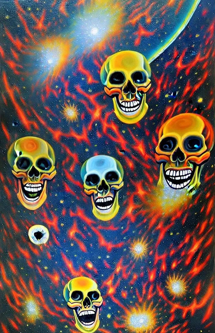 Prompt: the most intensely amazing abstract painting in the history of the universe, surreal smiling skulls exploding galaxy,