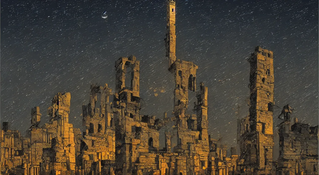 Prompt: ancient tower at night by Giorgio de Chirico, highly detailed, wide angle, vibrant, high contrast, symmetry, great composition, high detail, cinematic lighting, award winning masterpiece, trending on artstation