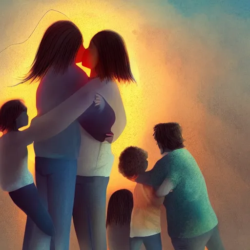 Image similar to A family hugging each other for the last time as the world is ending, meteors are falling from the sky, everything is on fire, dramatic lighting, digital art, very very very very very very beautiful, 8K, dark lighting, trending on Artstation, award winning